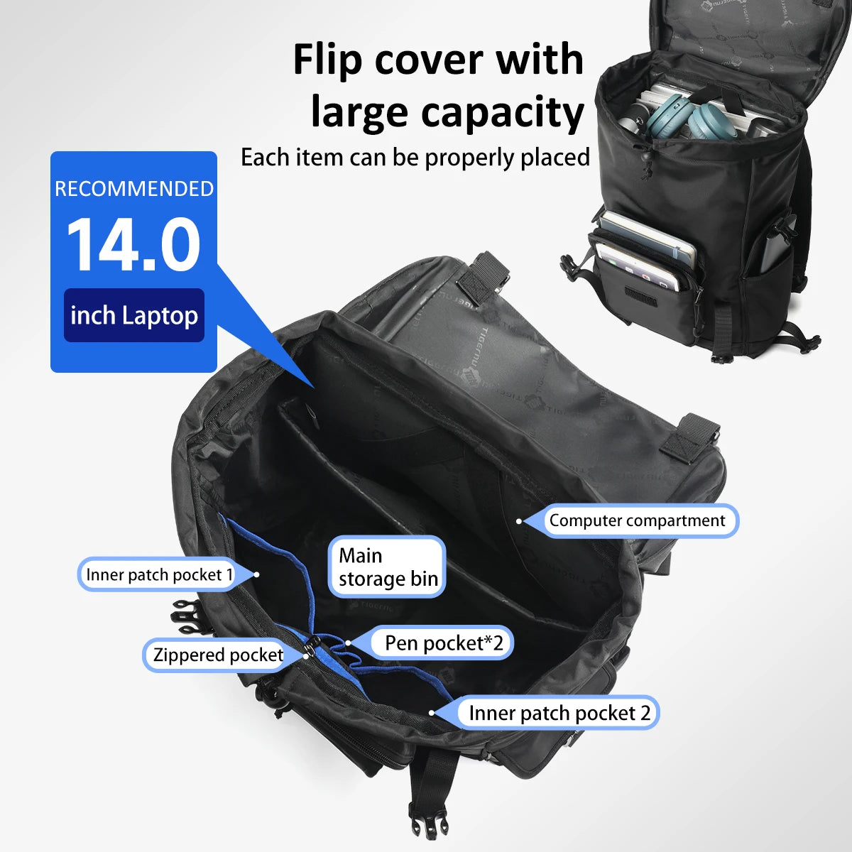 Mochila Tigernu Laptop 14" - Con Bolso Removible 16L