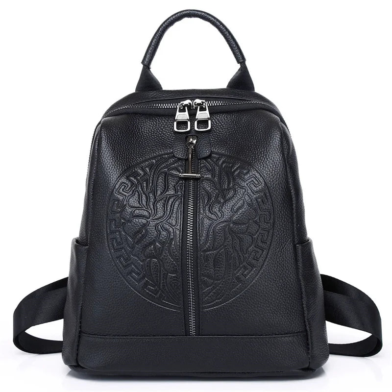 Mochila Mujer Cuero Genuino Caterroll - Grabado Negro